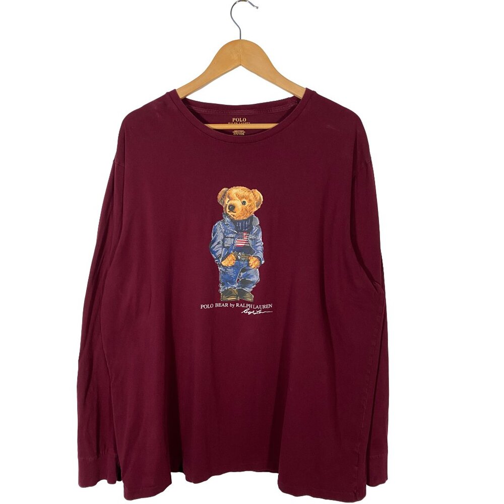 Polo Ralph Lauren Denim Polo Bear Long Sleeve Tee Maroon Men's size 2XL